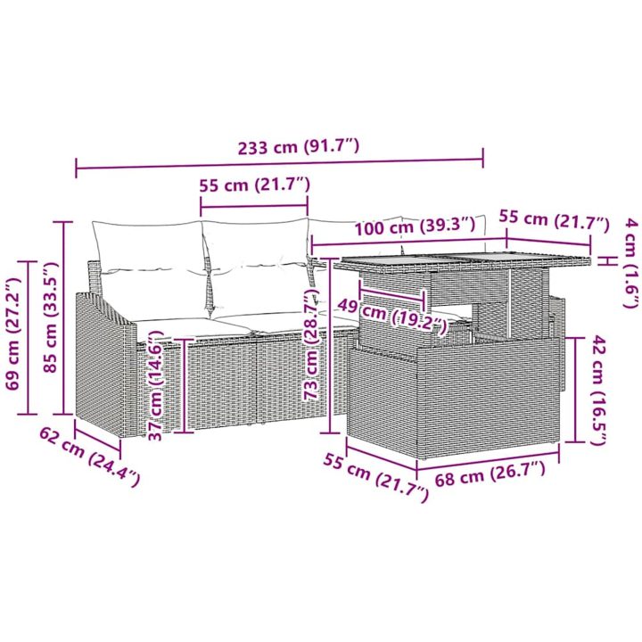 5 Delars Trädgårdsbord Set Med Kuddar, Svart Poly Rattan, Akacia vidaXL 100 x 55 x 73 cm – bild 10