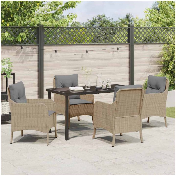 5-delars trädgårdsdining set med kuddar beige konstrotting vidaXL 140 x 70 x 73 cm – bild 4