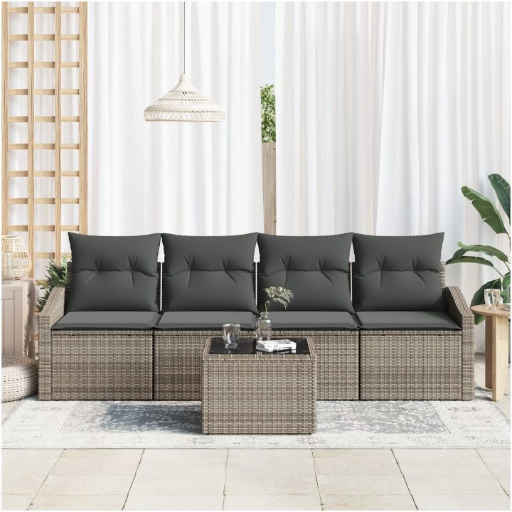 5-delars trädgårdsdining-set med kuddar grå poly rattan vidaXL 55 x 55 x 37 cm – bild 3