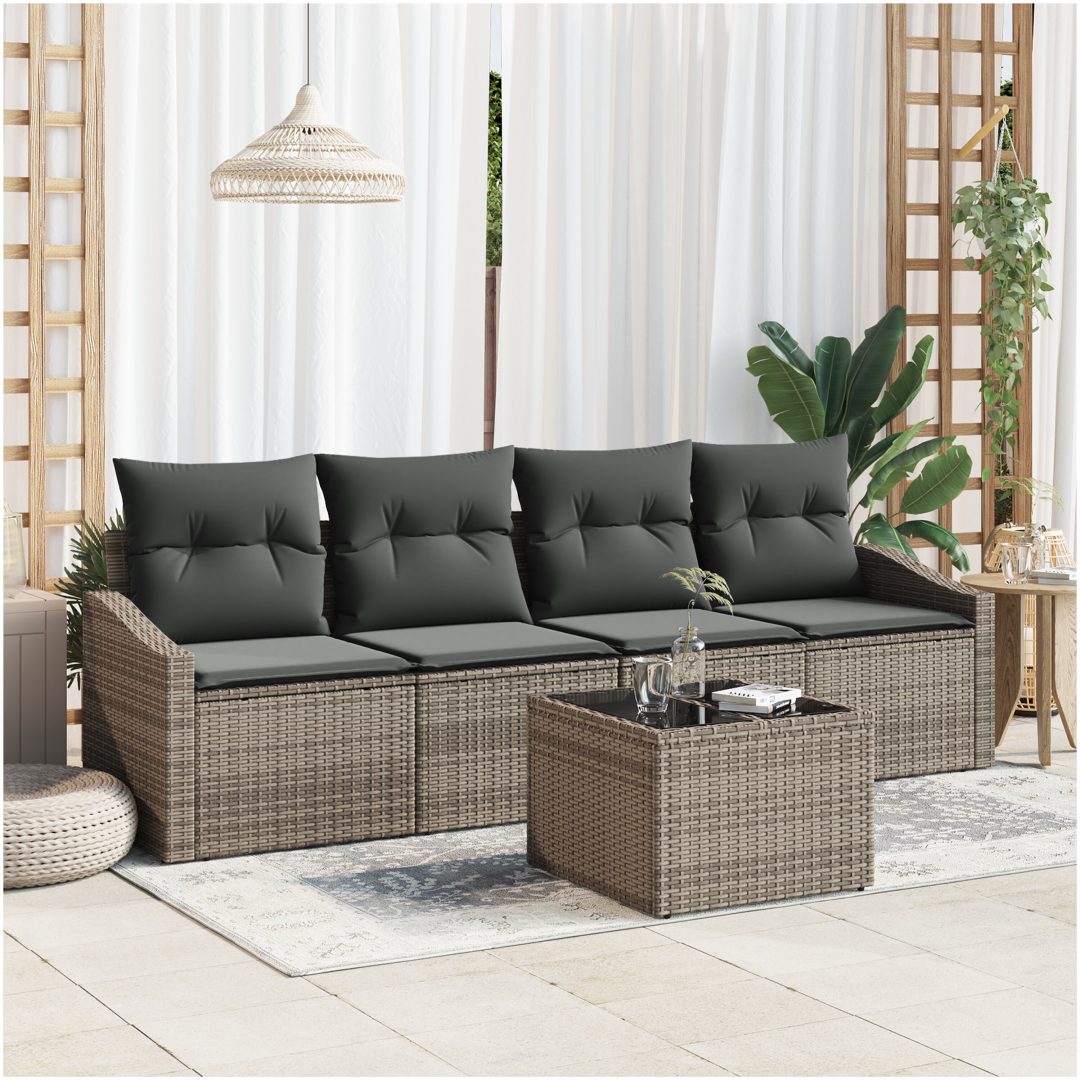 5-delars trädgårdsdining-set med kuddar grå poly rattan vidaXL 55 x 55 x 37 cm