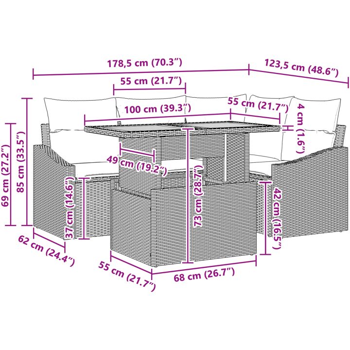 5-delars trädgårdsdining-set med kuddar i svart polyrotting och akacia vidaXL 100 x 55 x 73 cm – bild 11