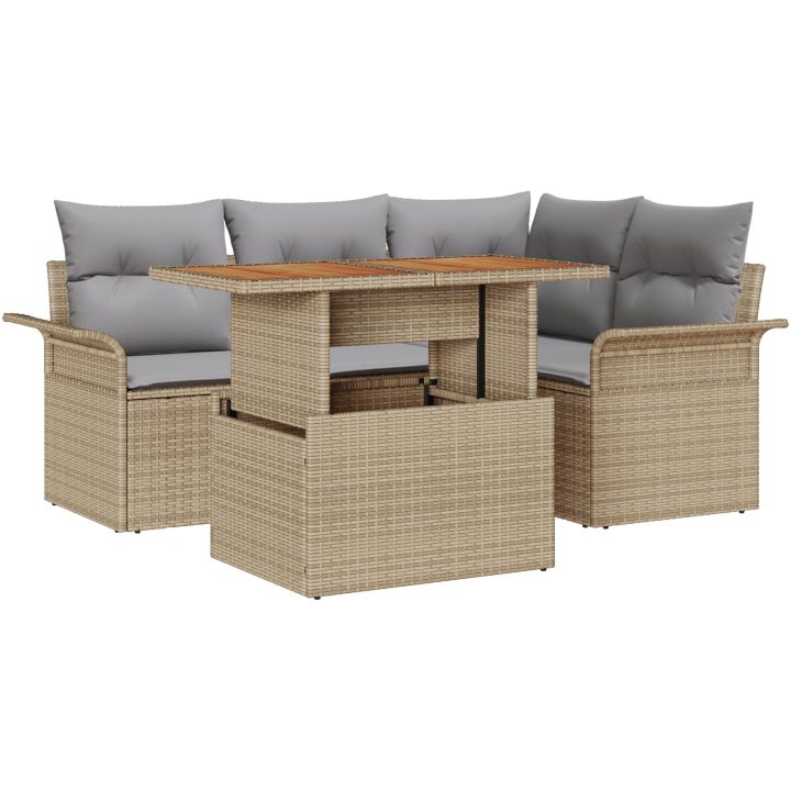 5-delars trädgårdsmatbord med dynor i beige poly rattan och akacia vidaXL 100 x 55 x 73 cm – bild 2