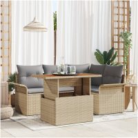 5-delars trädgårdsmatbord med dynor i beige poly rattan och akacia vidaXL