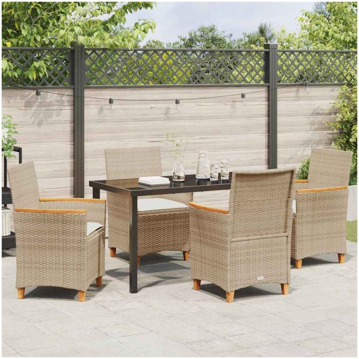 5-delars trädgårdsmatbord med kuddar, beige, poly rattan vidaXL 140 x 80 x 73 cm – bild 4