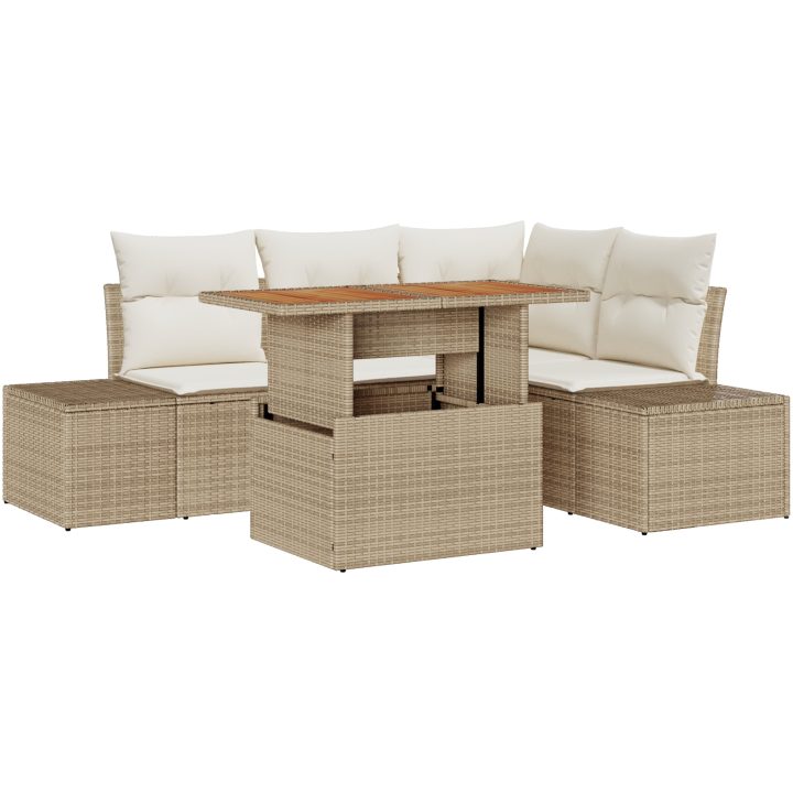 5-delars trädgårdsmatbord med kuddar i beige poly rattank och akacia vidaXL 100 x 55 x 73 cm – bild 2