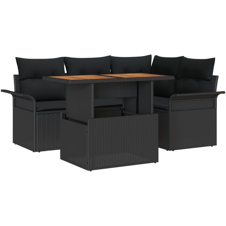5 Delars Trädgårdsmatbord med Kuddar - Svart Poly Rattan och Akacia vidaXL 100 x 55 x 73 cm – bild 2