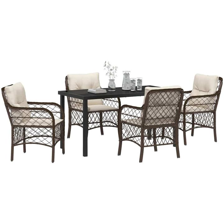5-delars trädgårdsmatbord set med kuddar, brun poly rattan. vidaXL 140 x 70 x 73 cm – bild 3