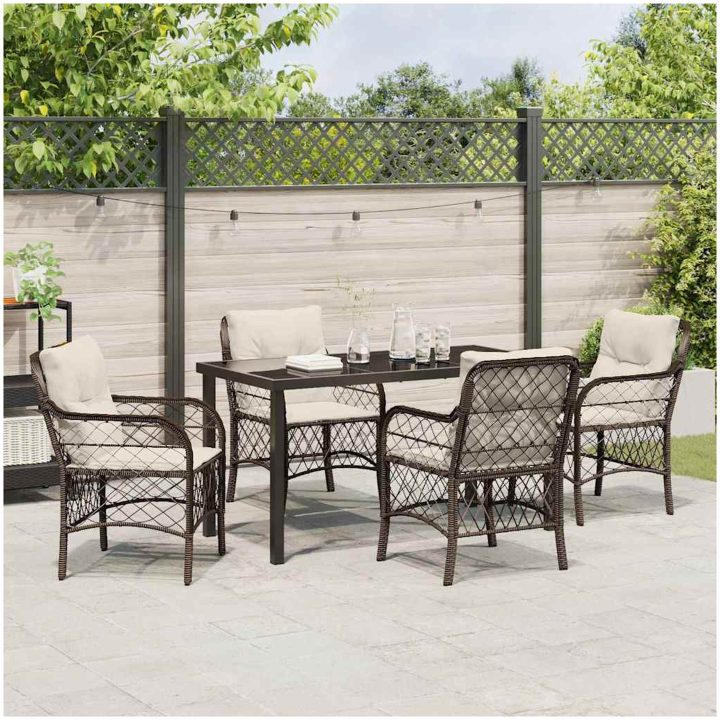 5-delars trädgårdsmatbord set med kuddar, brun poly rattan. vidaXL 140 x 70 x 73 cm – bild 4