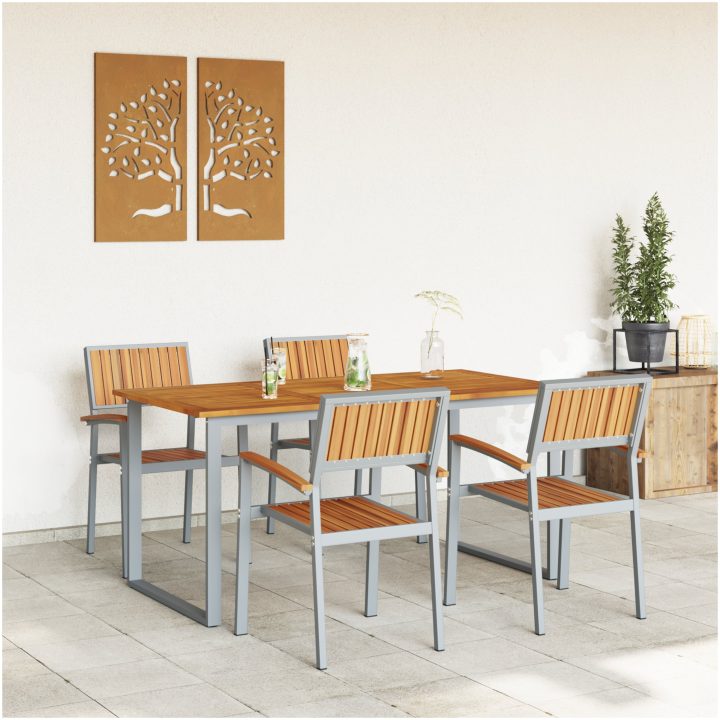 5-delars Trädgårdsmatbordset Grått Stål och Solid Akaciaträ vidaXL 160 x 80 x 75 cm – bild 4