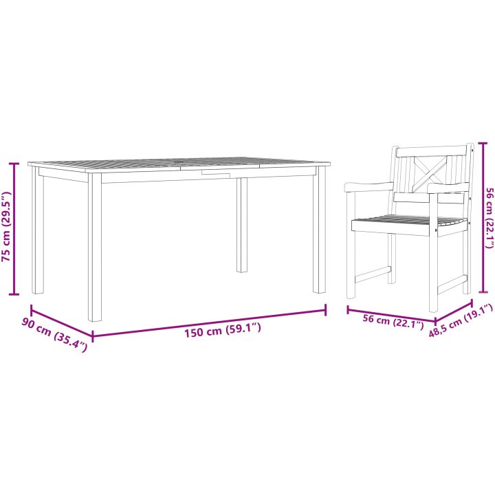 5-delars trädgårdsmatbordset i robust akacia vidaXL 150 x 90 x 74 cm – bild 10