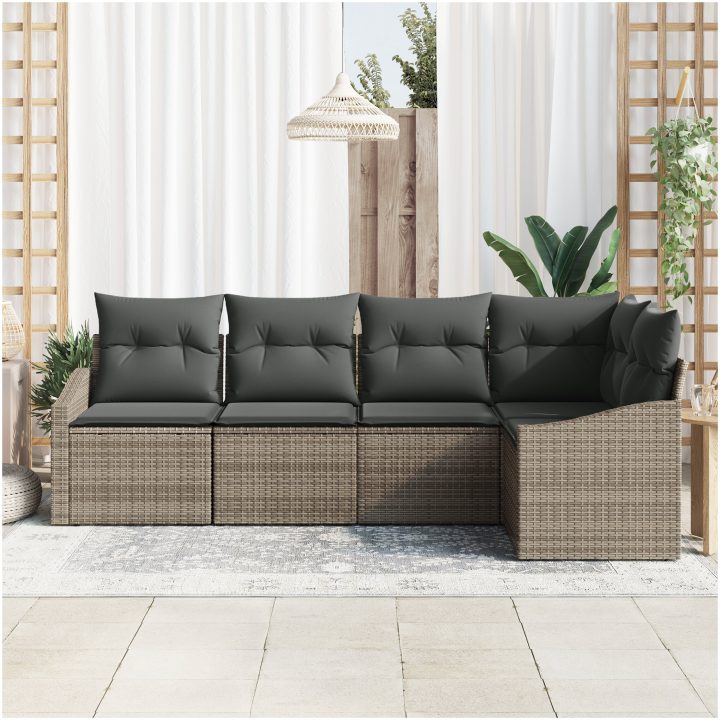 5-delars trädgårdsmatbordset med kuddar i grå poly-rattan vidaXL 233.5 x 123.5 x 85 cm – bild 3