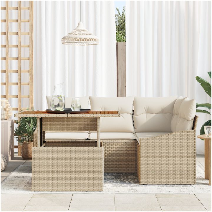 5-delars trädgårdsmatgrupp med kuddar, beige, poly rattan och akacia vidaXL 100 x 55 x 73 cm – bild 3