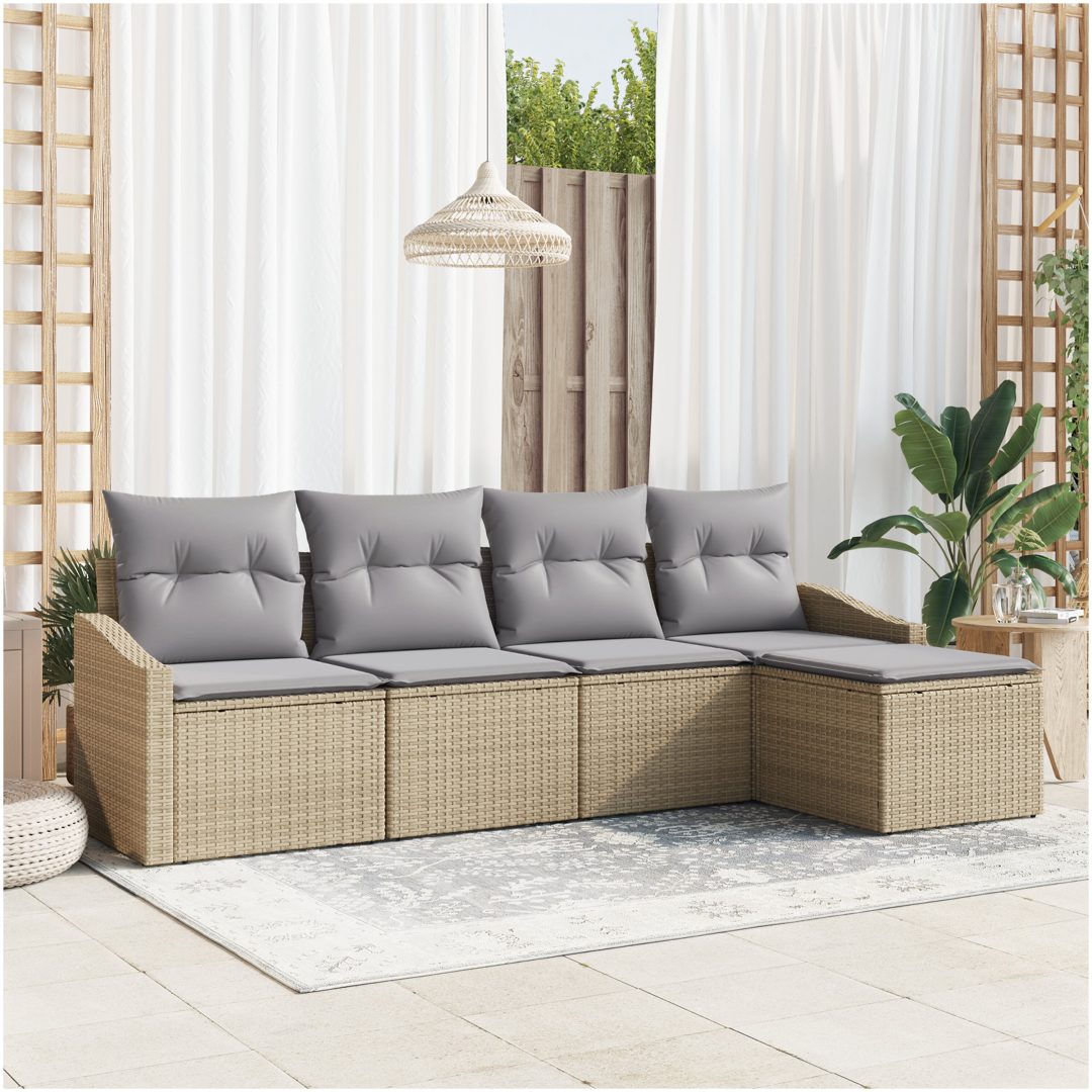 5-delars trädgårdsmatset med kuddar i beige poly rattan vidaXL 233 x 117 x 85 cm