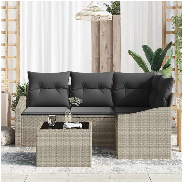5-delars trädgårdsmatset med kuddar i grå poly rattan vidaXL 55 x 55 x 37 cm – bild 3