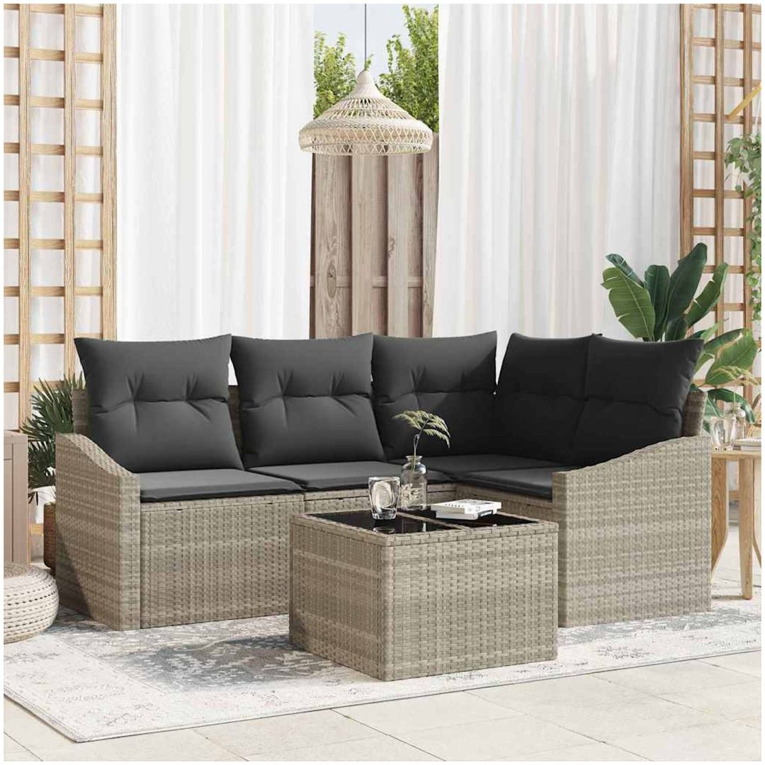 5-delars trädgårdsmatset med kuddar i grå poly rattan vidaXL 55 x 55 x 37 cm