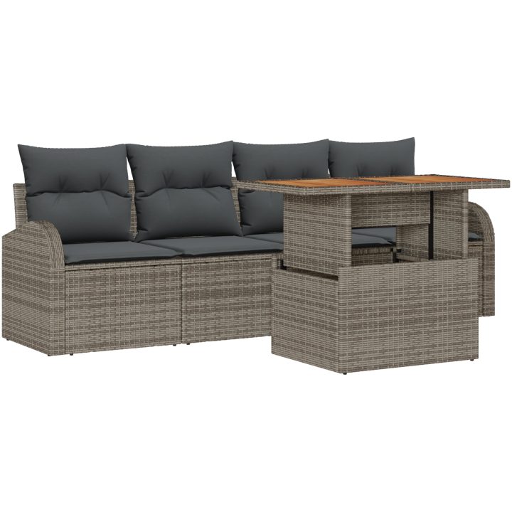 5-delars trädgårdsmattsats med kuddar Grå Poly Rattan Akacia vidaXL 100 x 55 x 73 cm – bild 2
