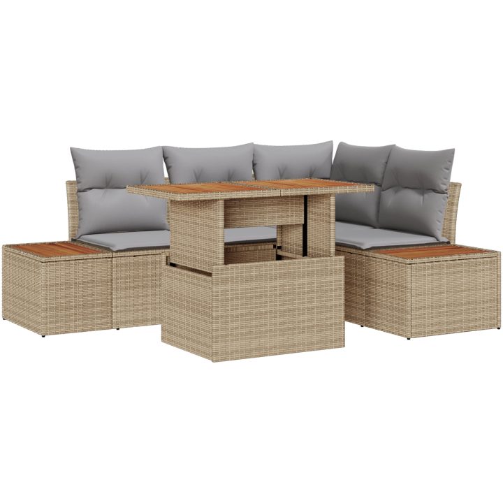 5-delars trädgårdsmöbelset med kuddar, beige poly rattan och akacia vidaXL 100 x 55 x 73 cm – bild 2