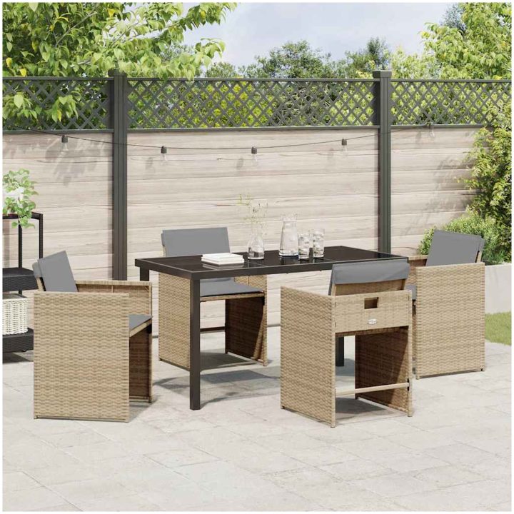5-delars trädgårdsmöbelset med kuddar, beige poly-rattan vidaXL 4 - Sits – bild 4
