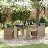 5-delars trädgårdsmöbelset med kuddar, beige poly-rattan vidaXL