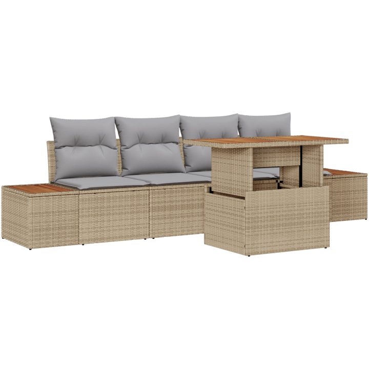 5-delars trädgårdsmöbelset med kuddar i beige, poly rattan och akacia vidaXL 100 x 55 x 73 cm – bild 2