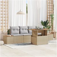 5-delars trädgårdsmöbelset med kuddar i beige, poly rattan och akacia vidaXL