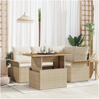 5-delars trädgårdsmöbelset med kuddar i beige poly-rattan och akacia vidaXL