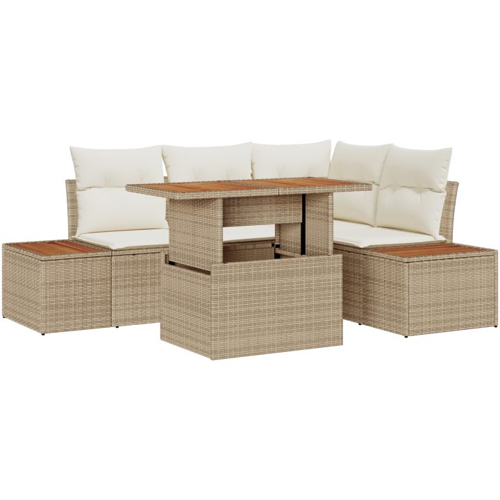 5-delars trädgårdsmöbelset med kuddar i beige poly-rattan och mangoträd vidaXL 100 x 55 x 73 cm – bild 2
