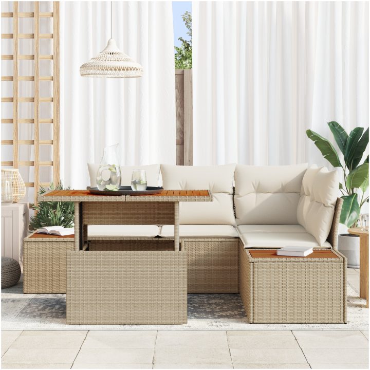 5-delars trädgårdsmöbelset med kuddar i beige poly-rattan och mangoträd vidaXL 100 x 55 x 73 cm – bild 3