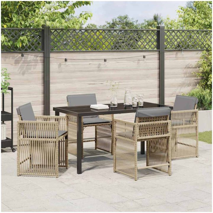 5-delars trädgårdsmöbelset med kuddar i beige poly rattan vidaXL 140 x 80 x 73 cm – bild 4