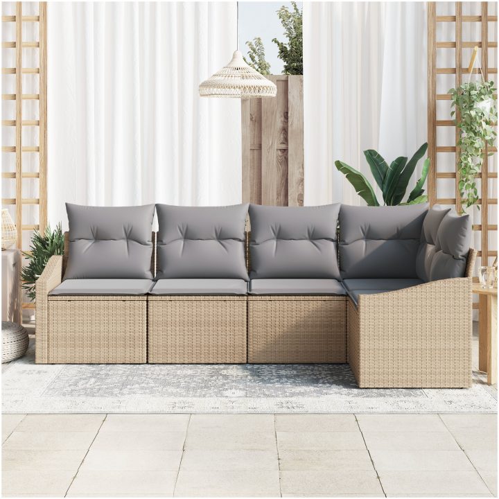 5-delars trädgårdsmöbelset med kuddar i beige poly rotting vidaXL 233.5 x 123.5 x 85 cm – bild 3