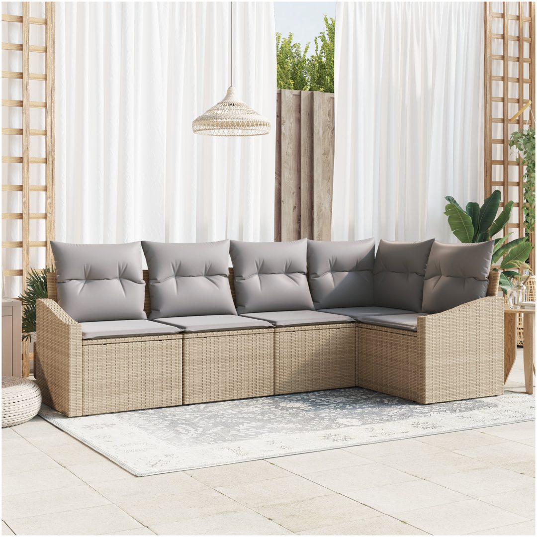 5-delars trädgårdsmöbelset med kuddar i beige poly rotting vidaXL 233.5 x 123.5 x 85 cm