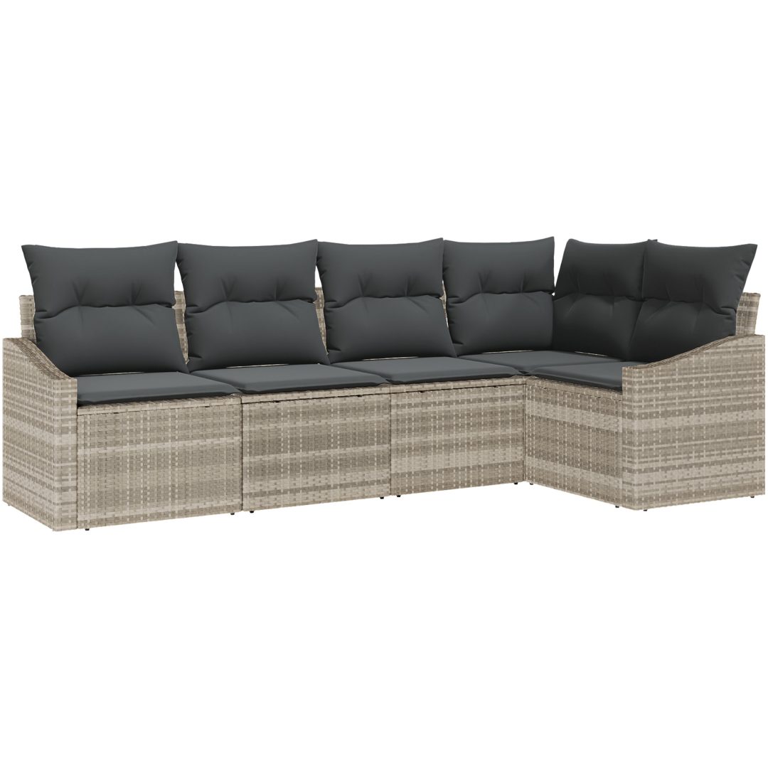 5-delars trädgårdsmöbelset med kuddar i ljusgrå poly-rattan vidaXL 233.5 x 123.5 x 85 cm – bild 2