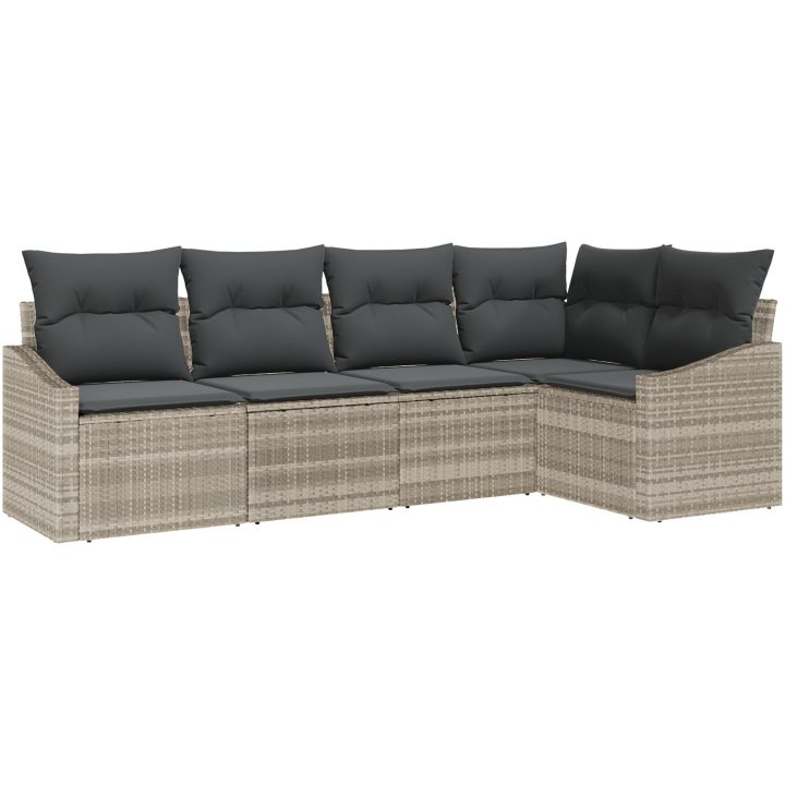 5-delars trädgårdsmöbelset med kuddar i ljusgrå poly-rattan vidaXL 233.5 x 123.5 x 85 cm – bild 2