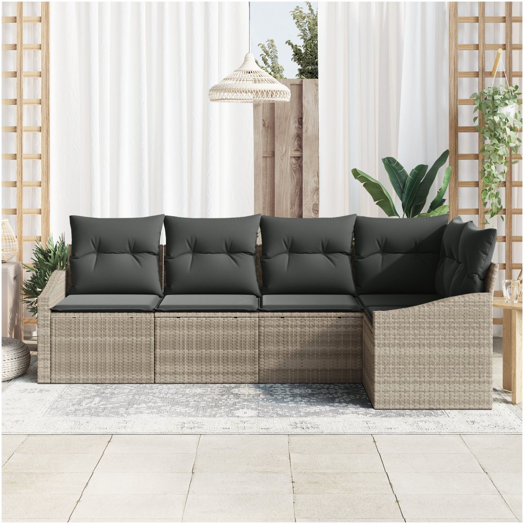 5-delars trädgårdsmöbelset med kuddar i ljusgrå poly-rattan vidaXL 233.5 x 123.5 x 85 cm – bild 3