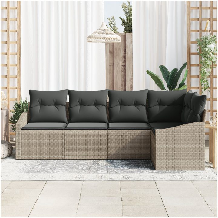 5-delars trädgårdsmöbelset med kuddar i ljusgrå poly-rattan vidaXL 233.5 x 123.5 x 85 cm – bild 3