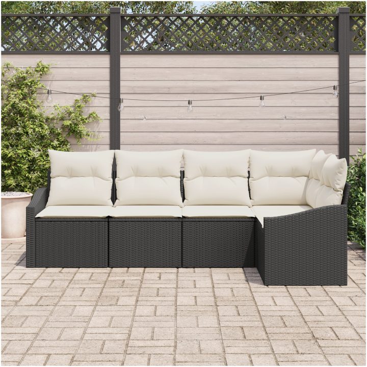 5-delars trädgårdsmöbelset med kuddar i svart polyrotting vidaXL 233.5 x 123.5 x 85 cm – bild 3