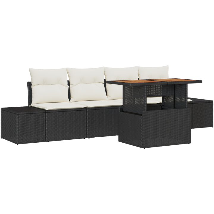 5-delars trädgårdsmöbelset med kuddar, svart poly-rattan och akacia vidaXL 100 x 55 x 73 cm – bild 2