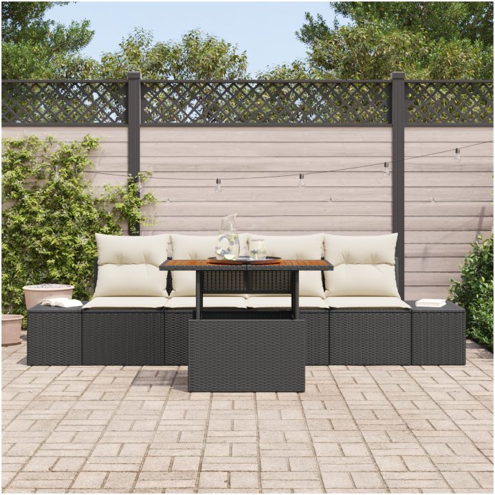 5-delars trädgårdsmöbelset med kuddar, svart poly-rattan och akacia vidaXL 100 x 55 x 73 cm – bild 3
