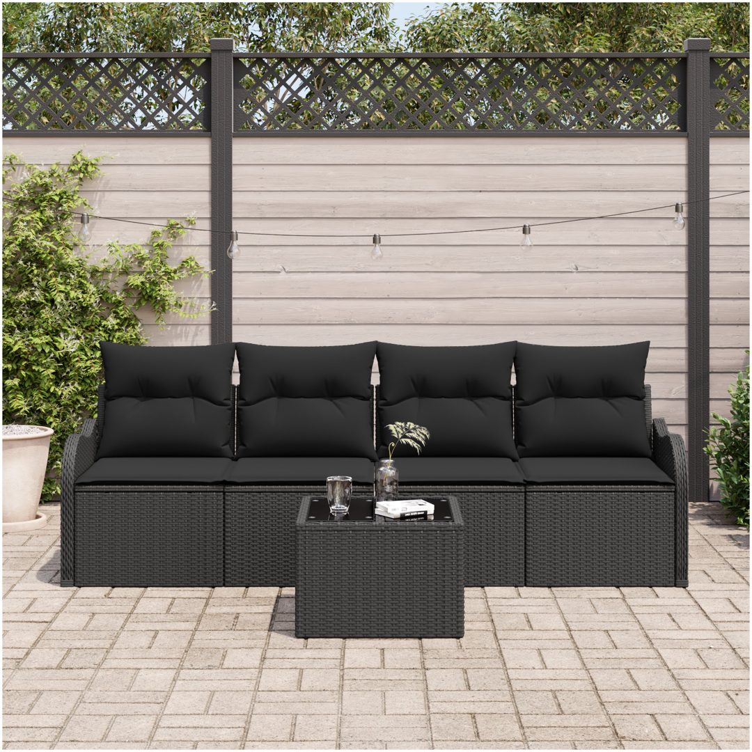 5-delars trädgårdsmöbelset med kuddar, svart polyrotting vidaXL Mellan – bild 3