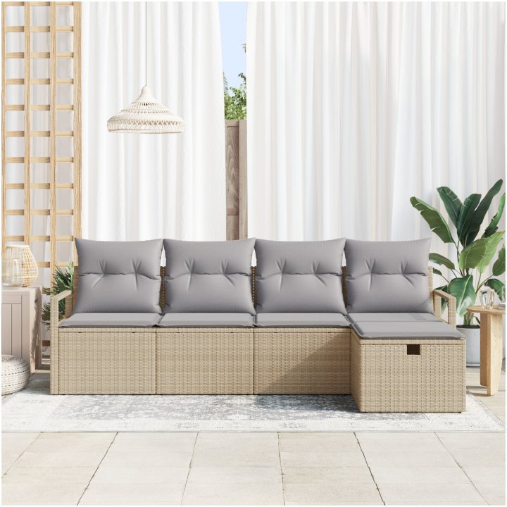 5-delars trädgårdsoff-set med kuddar beige poly rotting vidaXL Stor – bild 3