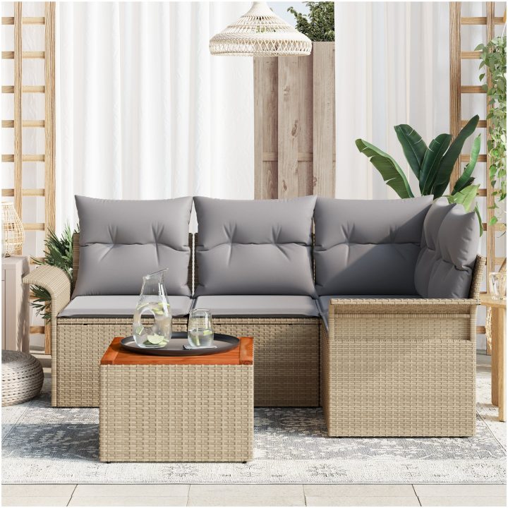 5-delars trädgårdsoff set med kuddar Beige polyrotting akacia vidaXL 55 x 55 x 37 cm – bild 3