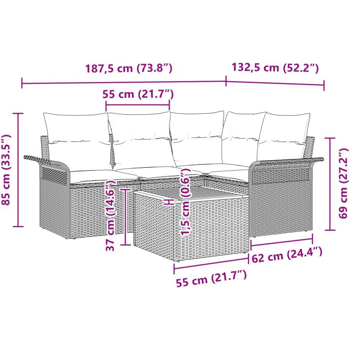 5-delars trädgårdsoff set med kuddar Beige polyrotting akacia vidaXL 55 x 55 x 37 cm – bild 9