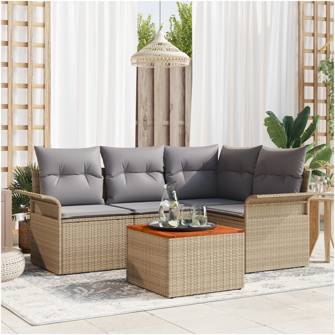 5-delars trädgårdsoff set med kuddar Beige polyrotting akacia vidaXL 55 x 55 x 37 cm