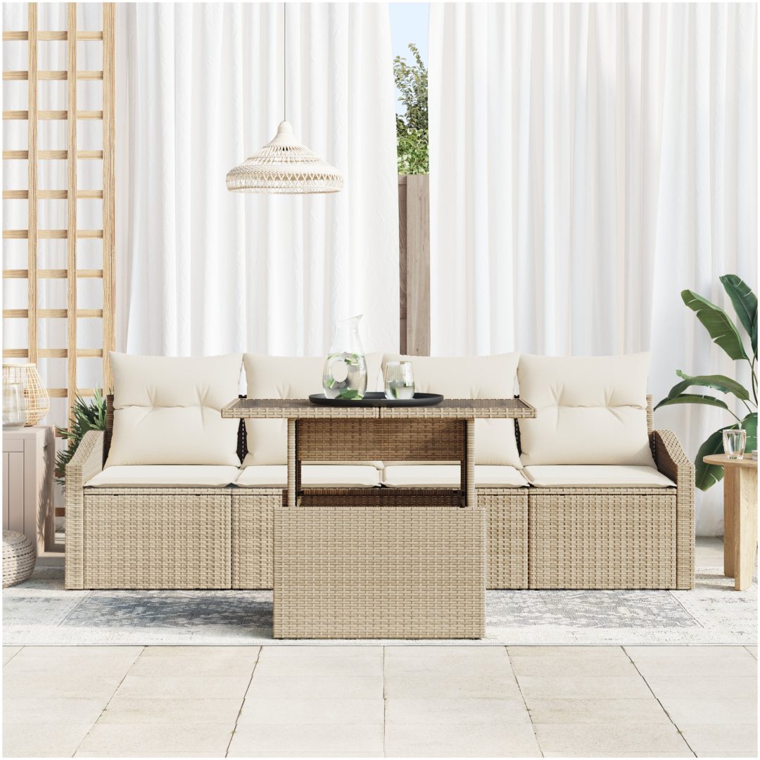 5-delars trädgårdsoff-set med kuddar beige polyrotting vidaXL 100 x 55 x 73 cm – bild 3