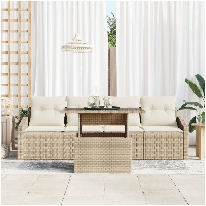 5-delars trädgårdsoff-set med kuddar beige polyrotting vidaXL 100 x 55 x 73 cm – bild 3