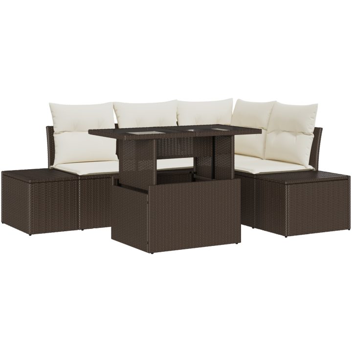 5-delars trädgårdsoff-set med kuddar, brun poly-rattan. vidaXL 100 x 55 x 73 cm – bild 2