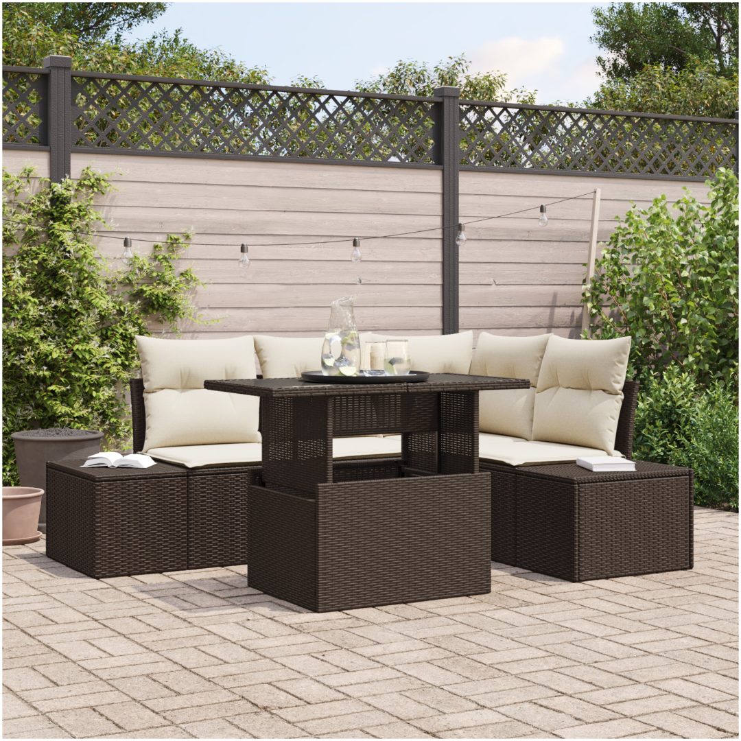 5-delars trädgårdsoff-set med kuddar, brun poly-rattan. vidaXL 100 x 55 x 73 cm