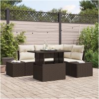 5-delars trädgårdsoff-set med kuddar, brun poly-rattan. vidaXL