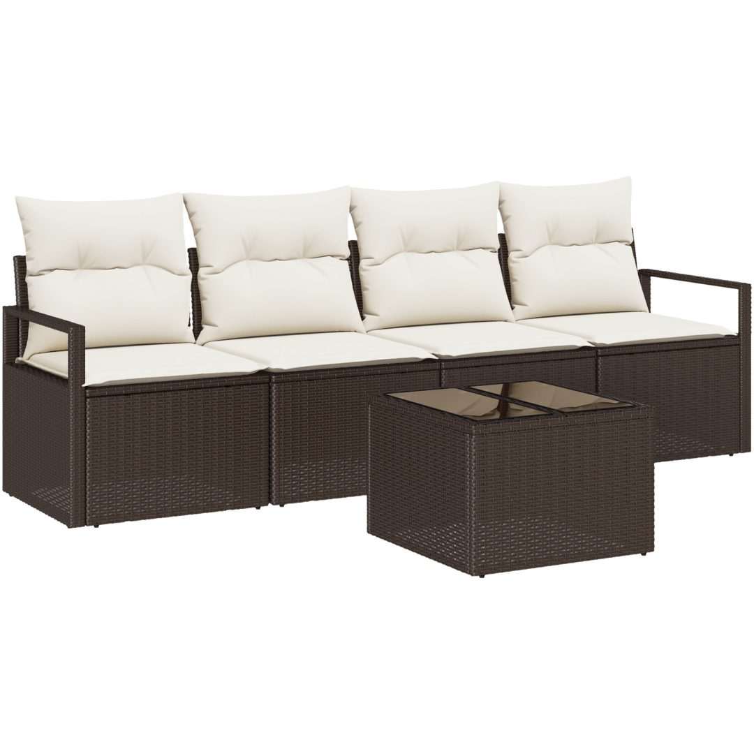 5-delars Trädgårdsoff Set med Kuddar Brun Poly Rattan vidaXL Medium – bild 2