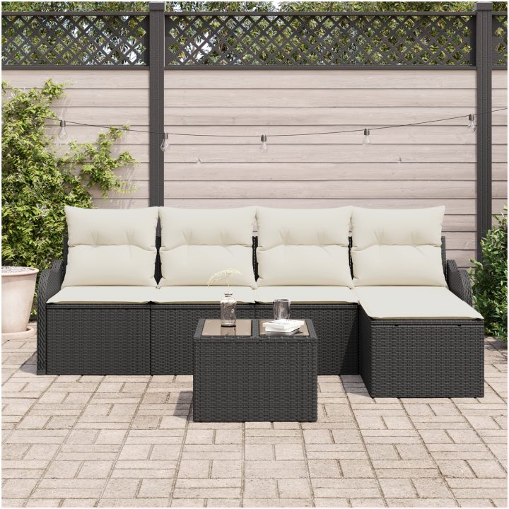5 Delars Trädgårdsoff-set med Kuddar Brun Poly Rotting vidaXL Stor – bild 3